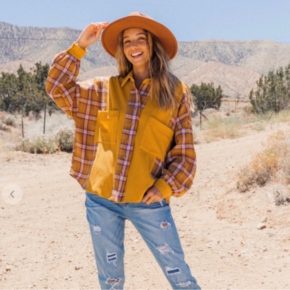 New! Mustard Plaid Corduroy Button Up Shirt Relaxed Top. - Picture 4 of 5